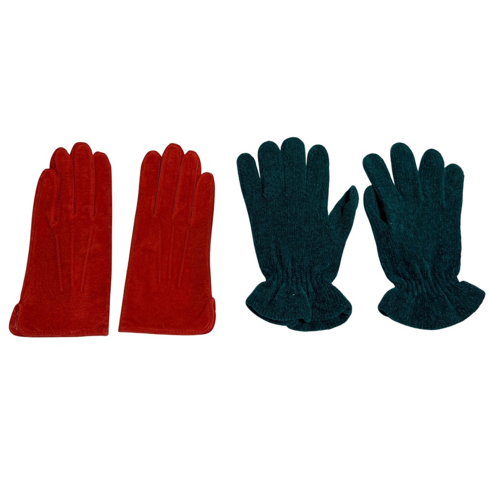 Vintage Red Suede Leather Gloves & Teal Knit Winter Gloves Bundle M Women